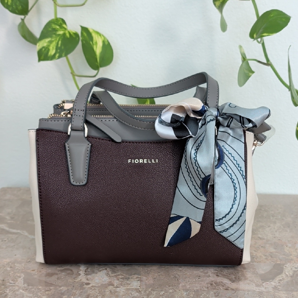 Fiorelli Maroon, Gray and Cream Satchel with Scarf Accent